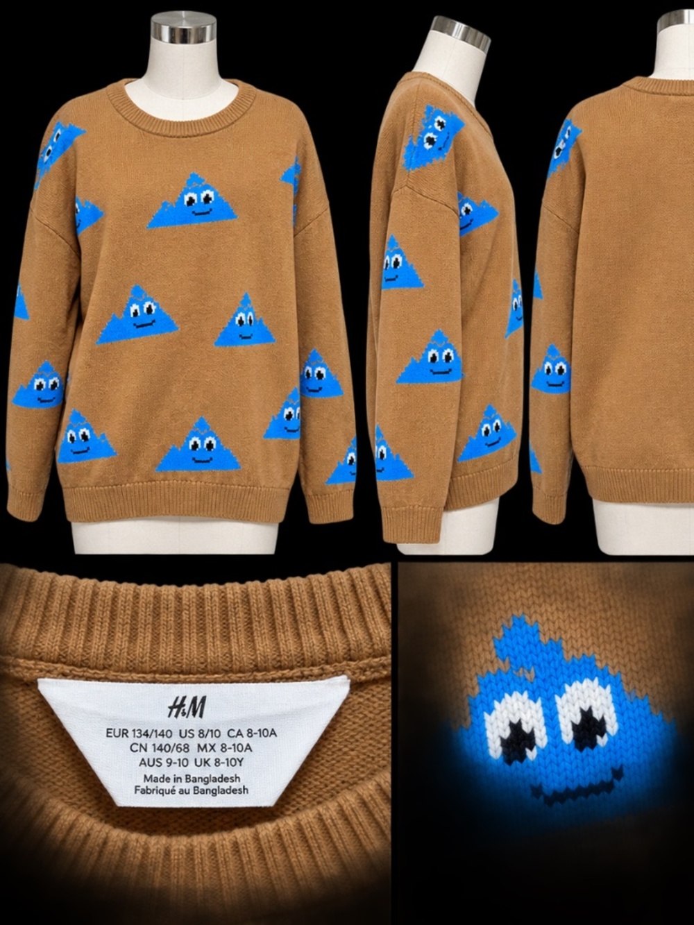 &M Kids Brown Blue Cartoon Graphic Knit Sweater Size 8/10